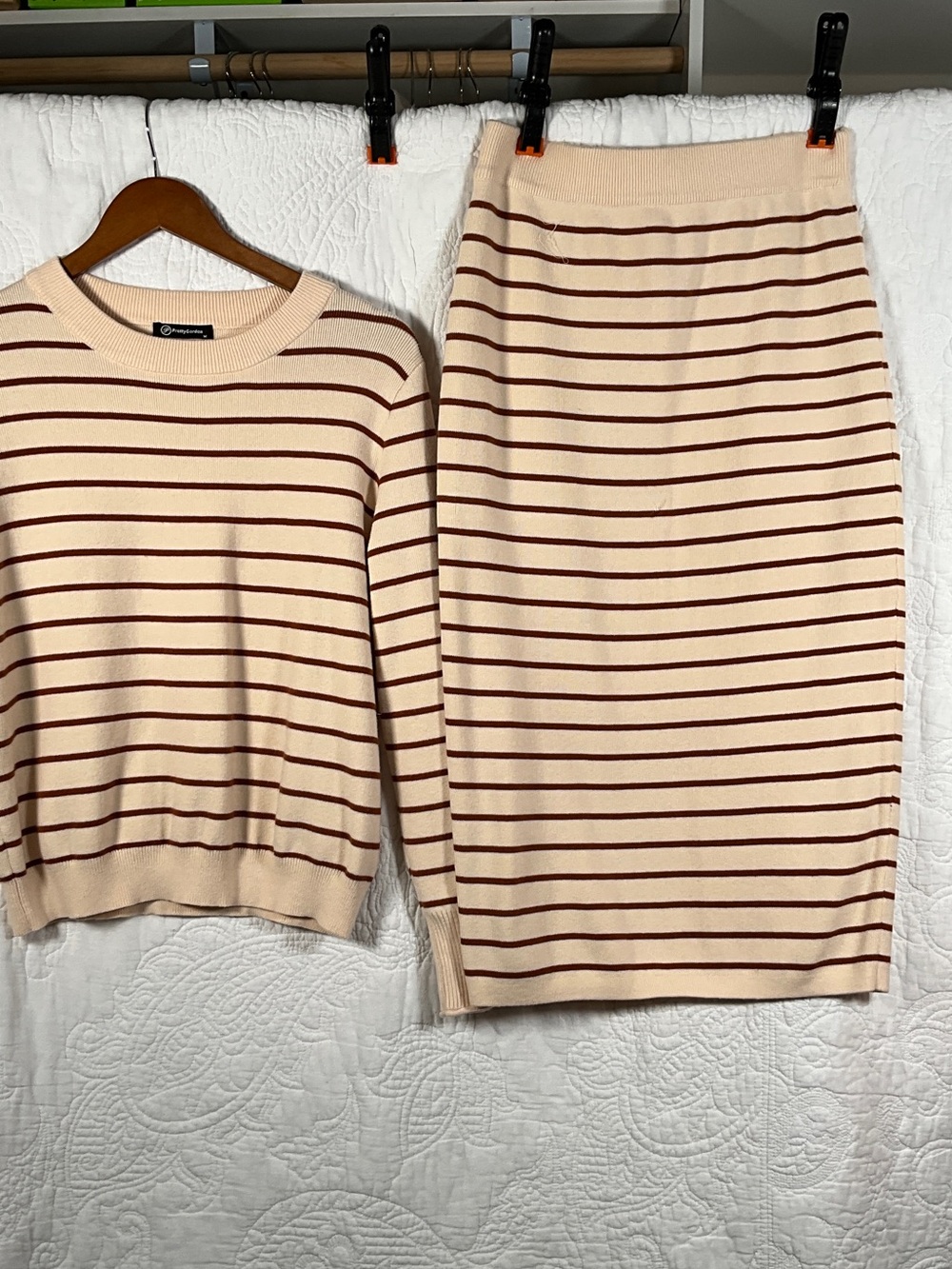 Cream and Brown Striped Knit Pencil Skirt - Brand: Unknown